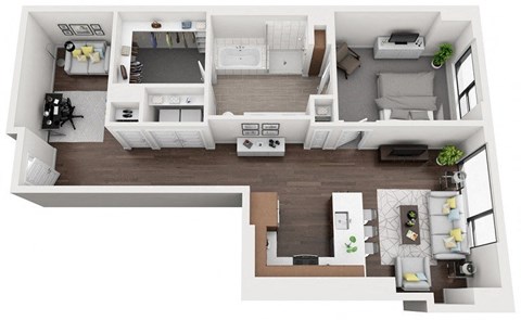 Floor plan for 1 bed, 1 bath, 1087 sqft